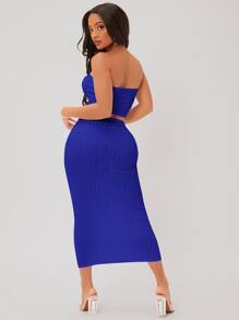 SHEIN SXY 紋理質感短款抹胸上衣和鉛筆裙套裝 - 寶藍色 - 查看 2