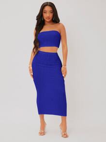 SHEIN SXY 紋理質感短款抹胸上衣和鉛筆裙套裝 - 寶藍色 - 查看 3