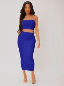 SHEIN SXY 紋理質感短款抹胸上衣和鉛筆裙套裝 - 寶藍色 - 查看 4