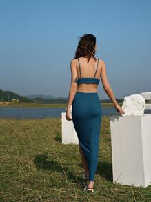 SHEIN BAE 鏤空素色開衩連衣裙 - 水鴨藍 - 查看 6