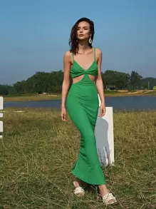 SHEIN BAE Cutout Solid Split Hem Dress - Green - View 3