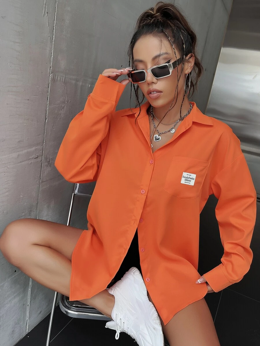 SHEIN Unity 貼布細節口袋落肩袖襯衫 - 橘色 - 查看 1