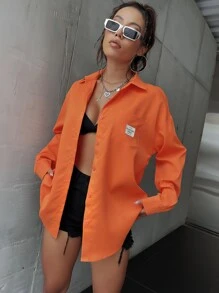 SHEIN Unity 貼布細節口袋落肩袖襯衫 - 橘色 - 查看 6