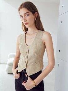 MOTF PREMIUM LINEN GOLD SHIMMER FABRIC WAISTCOAT - Khaki - View 9