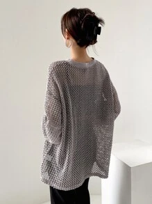 DAZY 镂空落肩上衣，无胸罩，透明，沙滩装，长袖女式上衣，秋季女装 - 淺灰紫 - 查看 2