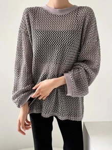 DAZY 镂空落肩上衣，无胸罩，透明，沙滩装，长袖女式上衣，秋季女装 - 淺灰紫 - 查看 7