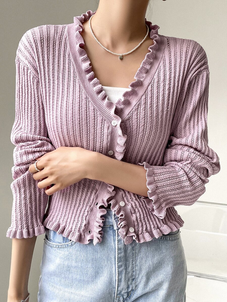 DAZY Drop Shoulder Frill Trim Cardigan - Lilac Purple - View 1