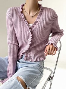 DAZY Drop Shoulder Frill Trim Cardigan - Lilac Purple - View 8