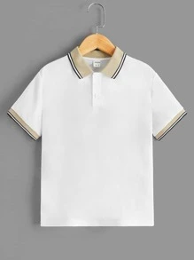 SHEIN 男孩條紋飾邊POLO衫