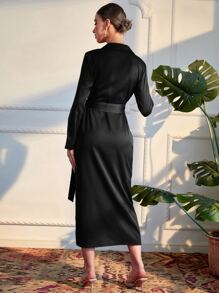 Modelyn Solid Wrap Tie Side Dress - Black - View 2