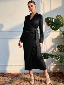 Modelyn Solid Wrap Tie Side Dress - Black - View 4