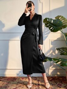 Modelyn Solid Wrap Tie Side Dress - Black - View 5