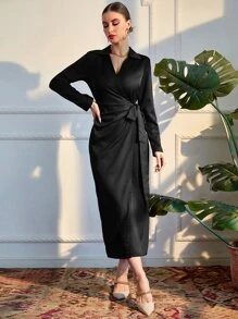 Modelyn Solid Wrap Tie Side Dress - Black - View 6