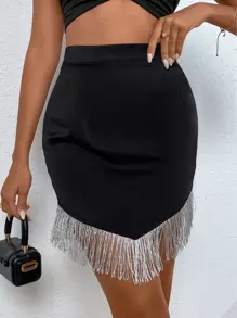 Fringe Trim Bodycon Skirt - Black - View 1