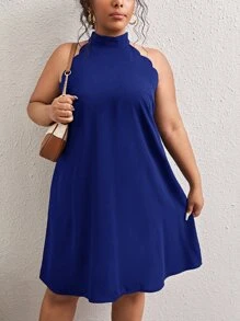 SHEIN Frenchy Đầm Plus Size Sò điệp màu trơn Giải trí - Xanh đậm - Xem 4