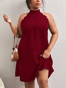 SHEIN Frenchy Plus Scallop Trim Halter Neck Tunic Dress - Burgundy - View 1
