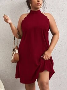 SHEIN Frenchy Plus Scallop Trim Halter Neck Tunic Dress - Burgundy - View 4