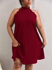 SHEIN Frenchy Plus Scallop Trim Halter Neck Tunic Dress - Burgundy - View 5