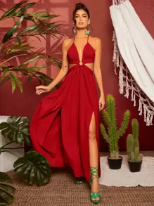 Travachic Ring Linked Criss-Cross Tie Backless M-Slit Hem Dress - Red - View 6