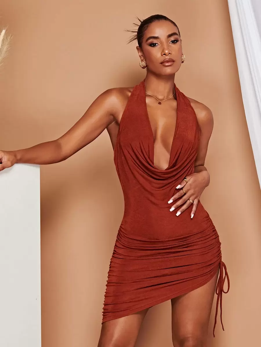 SHEIN BAE Cowl Neck Drawstring Side Halter Dress - Rust Brown - View 1