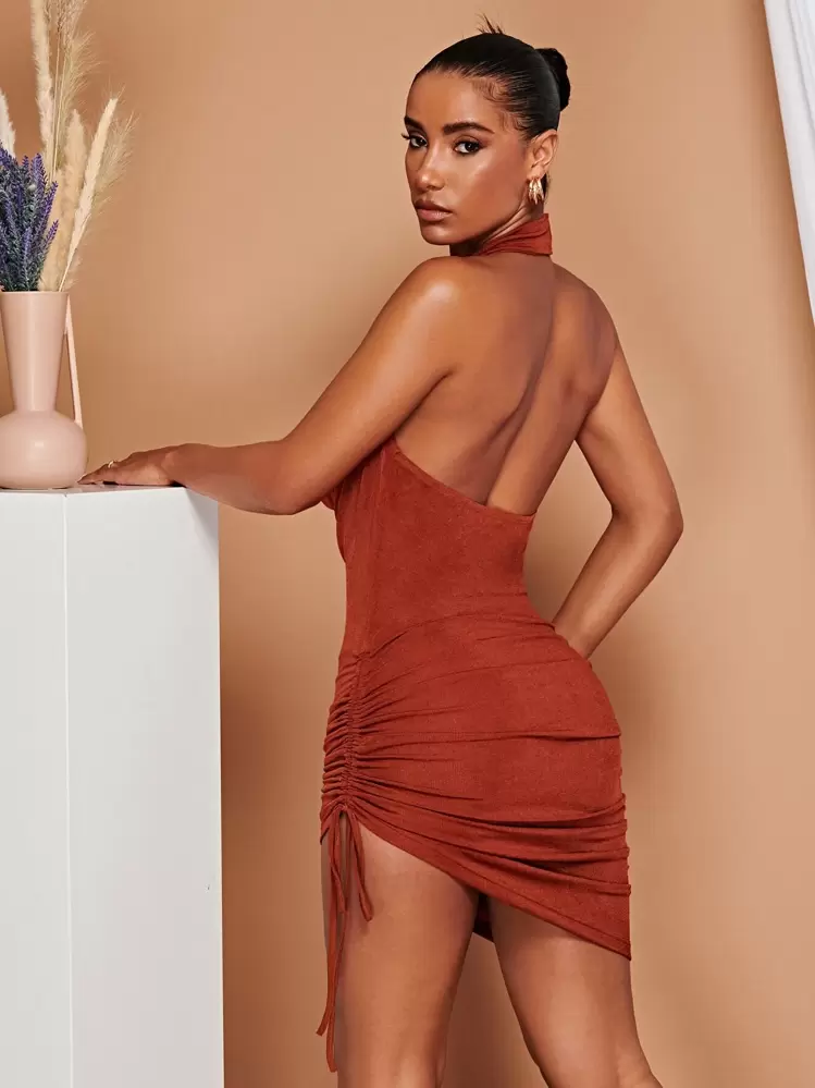SHEIN BAE Cowl Neck Drawstring Side Halter Dress - Rust Brown - View 2