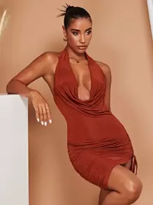 SHEIN BAE Cowl Neck Drawstring Side Halter Dress - Rust Brown - View 4