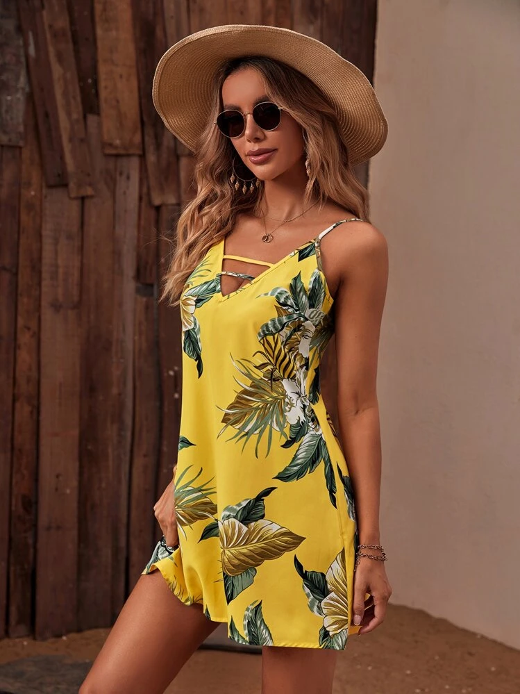 SHEIN LUNE Đầm Cắt ra Hoa Boho - Màu vàng - Xem 5
