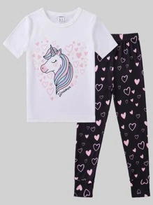 Toddler Girls Heart & Unicorn Print Snug Fit PJ Set - Black and White - View 1