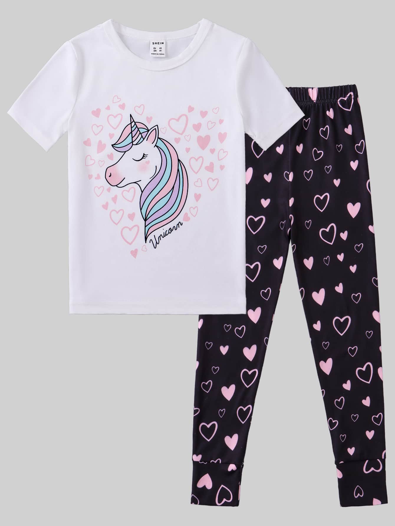 Toddler Girls Heart & Unicorn Print Snug Fit PJ Set - Black and White - View 1