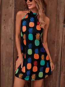 SHEIN VCAY 鳳梨印花掛脖連衣裙