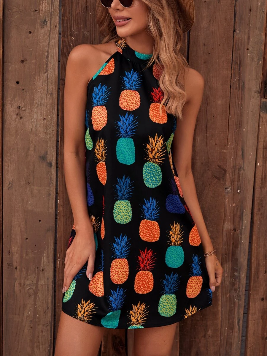 SHEIN VCAY 鳳梨印花掛脖連衣裙