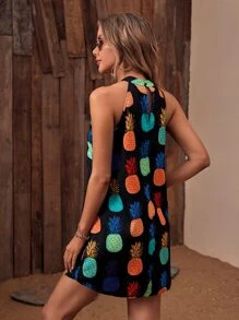 SHEIN VCAY 鳳梨印花掛脖連衣裙