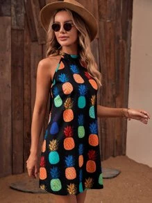 SHEIN VCAY 鳳梨印花掛脖連衣裙