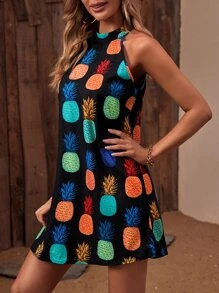 SHEIN VCAY 鳳梨印花掛脖連衣裙