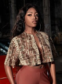 Slaydiva Drop Shoulder Chain Front Graphic Print Crop Top - Multicolor - View 3