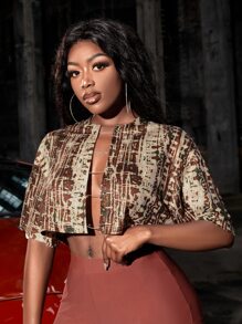 Slaydiva Drop Shoulder Chain Front Graphic Print Crop Top - Multicolor - View 6