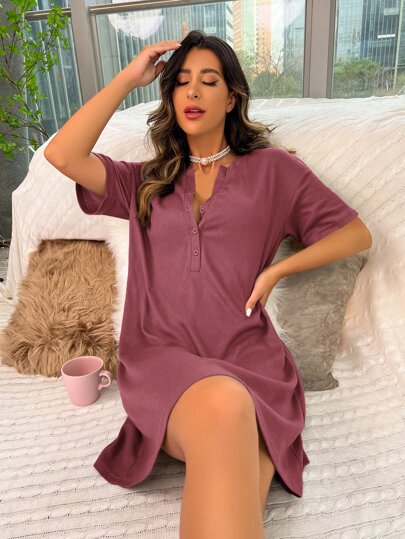 Half Button Drop Shoulder Night Dress view 3