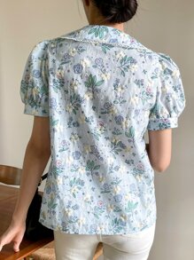 DAZY Floral Embroidery Peter Pan Collar Puff Sleeve Shirt Easter - Blue - View 2