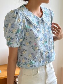 DAZY Floral Embroidery Peter Pan Collar Puff Sleeve Shirt Easter - Blue - View 3