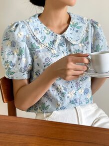 DAZY Floral Embroidery Peter Pan Collar Puff Sleeve Shirt Easter - Blue - View 4