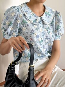 DAZY Floral Embroidery Peter Pan Collar Puff Sleeve Shirt Easter - Blue - View 5