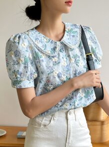 DAZY Floral Embroidery Peter Pan Collar Puff Sleeve Shirt Easter - Blue - View 6