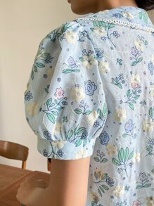 DAZY Floral Embroidery Peter Pan Collar Puff Sleeve Shirt Easter - Blue - View 7
