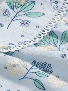 DAZY Floral Embroidery Peter Pan Collar Puff Sleeve Shirt Easter - Blue - View 8