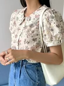 DAZY Áo kiểu tay phồng cổ Peter Pan thêu hoa, thích hợp cho lễ Phục sinh. - Màu be - Xem 5