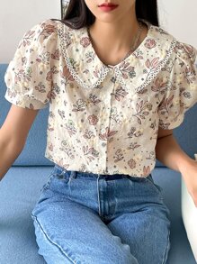 DAZY Áo kiểu tay phồng cổ Peter Pan thêu hoa, thích hợp cho lễ Phục sinh. - Màu be - Xem 6