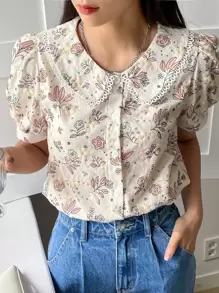 DAZY Áo kiểu tay phồng cổ Peter Pan thêu hoa, thích hợp cho lễ Phục sinh. - Màu be - Xem 7