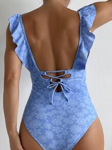 Floral Print Ruffle Trim One Piece Swimsuit - Blue - View 2