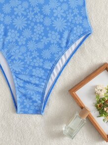 Floral Print Ruffle Trim One Piece Swimsuit - Blue - View 3