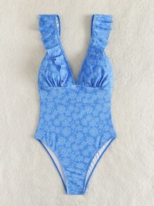 Floral Print Ruffle Trim One Piece Swimsuit - Blue - View 4